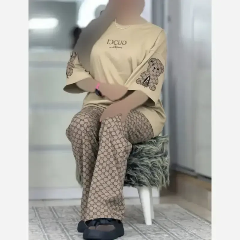 ست لویی پنبه گلکسی باکیفیت فری سایز کرم و شکلاتی