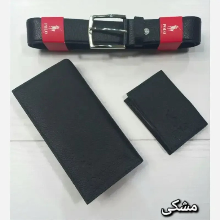 پک هدیه مردانه چرمی شامل کیف پول کمربند و جاکارتی رنگ مشکی و قهوه ای و عسلی