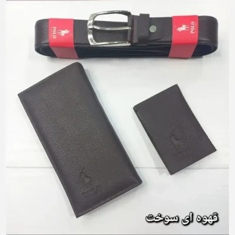 پک هدیه مردانه چرمی شامل کیف پول کمربند و جاکارتی رنگ مشکی و قهوه ای و عسلی