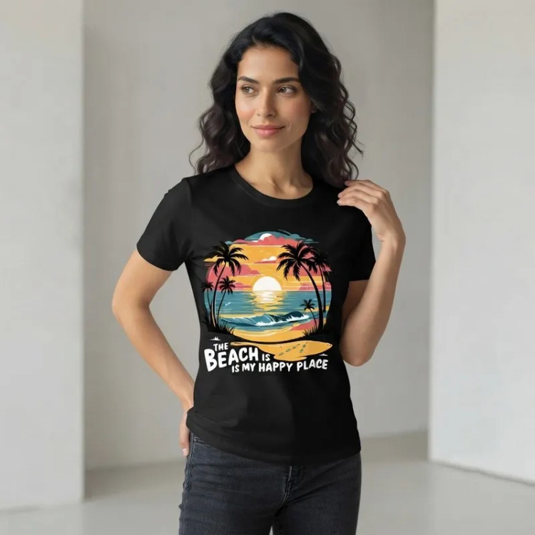 تی شرت آستین کوتاه زنانه پنبه ای طرح منظره مدل BEACH