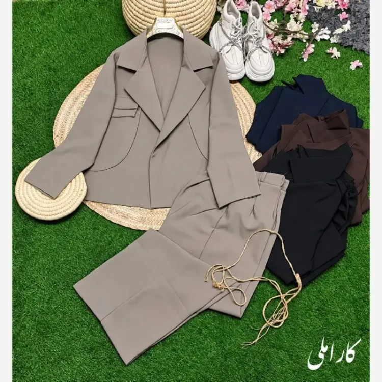 ست کت و شلوار پاییزه زنانه جنس سوپرمازراتی کجراه اعلا فری سایز رنگ بندی متنوع